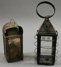 Blackpainted Tin and Glass Candle Lantern and a Tin and Mica Panel Whale Oil Lantern
