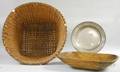 Large Woven Splint Open Basket a Wooden Chopping Bowl and an English Pewter Charger