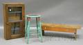 Country Pine and Glass Wall Cabinet a Pine Bucket Bench and a Paintdecorated Wooden Stool