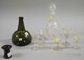 Olive Blown Glass Spirit Bottle a Colorless Blown Glass Decanter and Five Wines and a Turned Rosewood Sander