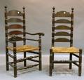 Two Wallace Nutting Turned Slatback Chairs with Woven Rush Seats