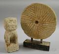 Small Circular Carved Granite Millstone on Base and a Carved Granite Seated Cat Boundary Marker