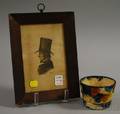 Framed Pencil on Paper Profile Portrait of Gentleman in Stovepipe Hat and a Small Glazed Ceramic Bowl