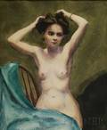 American School 20th Century Seated Female Nude with Arms Raised