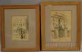 Lot of Two Framed Pencil Drawings of Architectural Views by Helen Mason Grose American b 1880 Entrance with Ornate Gate