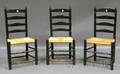 Set of Three Blackpainted Wooden Ladderback Side Chairs with Woven Rush Seats