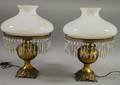 Pair of Late Victorian Brass Kerosene Table Lamps with Milk Glass Dome Shades and Prisms