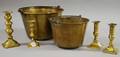 Four Brass Candlesticks and Two Brass Kettles