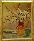 American School 20th Century Still Life of Apple Blossom Branches in an Amberina Thumbprint Pitcher