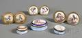 Six Enamel Decorated Brass Mirror Supports Snuff Box and Two Patch Boxes