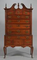 Queen Anne Cherry and Maple Carved Scrolltop High Chest of Drawers