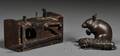 18th c Wrought Iron and Wood Double Mouse Trap and an Asian Bronze Mouse Figure