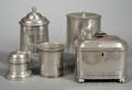 Four Pewter Canisters and a Beaker