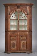 Rare Black Walnut Carved Sulphur and Pewterinlaid Glazed Corner Cupboard