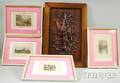 Four Framed Small Wallace Nutting Handcolored Photographic Prints and a Late Victorian Carved Oak Panel Depicting Game