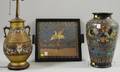Asian Cloisonne Bronze Vase a Chinese Champleve Brass VaseLamp and a Tray with Inset Metallic and Silk Embroidered Panel