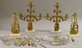 Pair of Brass Oriental Figural Garniture Candelabras and a Pair of Brass Figural Garniture Candlesticks