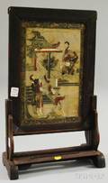 Chinese Hardwood Framed Painted and Inscribed Mythological Scenedecorated Hardstone Table Screen