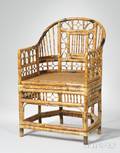 Chinese Redpainted Carved Wood Chair and an Asian Bamboo Armchair with Caned Seat