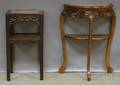 Asian Demilune Marbleinset Carved Hardwood Side Table and a Chinese Export Marbleinset Carved Hardwood Stand