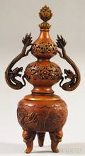 Chinese Patinated Reticulated Bronze Footed Censer