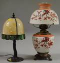 Victorian Italian Renaissancestyle Transferdecorated and Painted Opaque Glass Kerosene Table Lamp and Slag Glass and Patinated Bronze