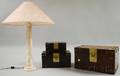 Three Frederick Cooper Graduated Asian Brassbound Wood Storage Boxes and a Marble Columnar Table Lamp