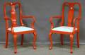 Pair of Coral Lacquered Queen Annestyle Armchairs with Upholstered Slipseats