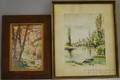 Two Framed Watercolor European Landscapes c 1940s Stream with Bridge and Church