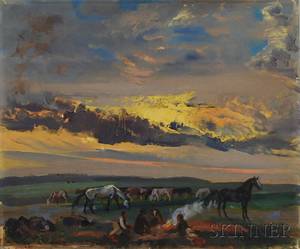 American School 20th Century Men by a Campsite with Horses at Sunset