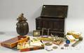 Small Paneled Wooden Box with Contents and Accessories