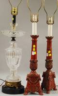 Colorless Pressed Glass Table Lamp and a Pair of Continentalstyle Redpainted Cast Metal CandlestickTable Lamps