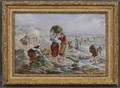 Handpainted Porcelain Plaque of Women Collecting Seaweed on the Norman Coast