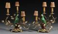 Pair of Porcelain Parrotmounted Bronze Threelight Candle Lamps