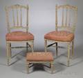Two Diminutive Graypainted Side Chairs and a Similar Footstool