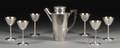 International Hammered Sterling Cocktail Shaker and Six Glasses