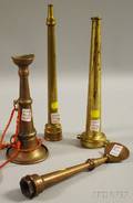 Three Small Brass and Bronze Firefighting Hose Nozzles and a Small Brass Firefighters Horn
