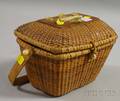 Rectangular Woven Nantucket Basket Purse with Carved Ivory Whale and Shellmounted Lid