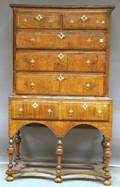 William  Mary Inlaid Walnut Burl Veneer Flattop High Chest