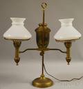 Brass Adjustable Double Student Lamp with a Pair of Opaque Glass Shades