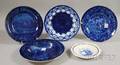 Five Flow Blue and Transferdecorated Plates