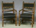 Pair of Fraternal Upholstered Figural Carved Oak Armchairs
