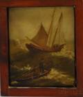 American School 19th Century Schooner and Rowboat in Rough Waters