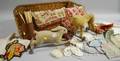 Assortment of Splint Baskets Pulltoys Lithographed Childrens Handkerchiefs and Dolls Clothing