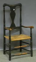 Blackpainted Queen Anne Armchair with Woven Rush Seat