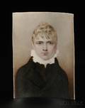 American School 19th Century Portrait Miniature of a Blondehaired Young Man Wearing a Brown Coat
