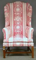 Chippendalestyle Upholstered Tiger Maple Wing Chair approx back ht 52 12 overall wd 29 12 dp 28 seat ht 17 in