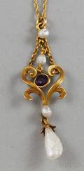 Art Nouveau 14kt Gold Amethyst and Freshwater Pearl Lavaliere Necklace