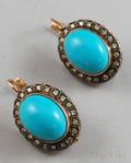 Pair of 14kt Rose Gold Cabochon Turquoise and Diamond Earrings