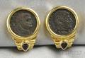 18kt Gold Ancient Coin and Sapphire Earclips Retailed by Dorfman